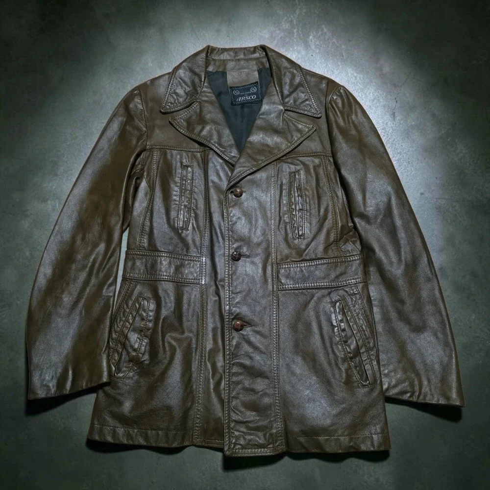 Vintage Arsco Brown Leather Mid Length Coat Jacket Mens Size Small Western 1970s